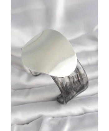 Siyah Mermer Desen Akrilik Pilastik Gümüş Plaka Model Vintage Kadın Bilezik