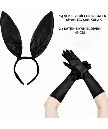 Siyah Parlak Tavşan Kulak Ve 40 Cm Parlak Siyah Eldiven Kostüm Seti