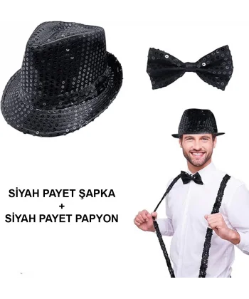 Siyah Payetli Şapka Ve Papyon Seti – Parıltılı Yetişkin Kostüm Seti