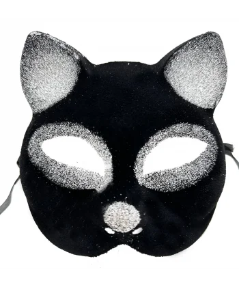 Siyah Renk Gümüş Simli Süet Kaplama Kedi Maskesi 18x14 Cm