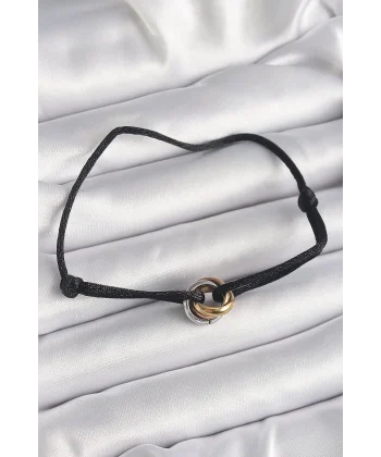 Siyah Renk İpli Asansörlü Mix Renk Çelik Halka Model Kadın Bileklik