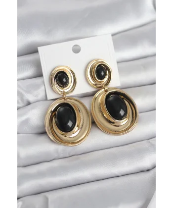 Siyah Sallantılı Damla Model Gold Renk Vintage Kadın Küpe