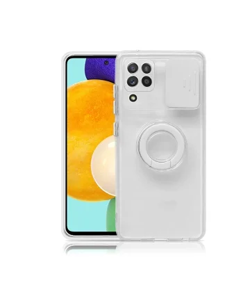 SM Galaxy A12 - M12 - F12 Kılıf Sürgülü Kamera Lens Korumalı Yüzük Standlı Silikon Kılıf-(5775)