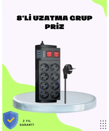 Termal Korumalı 8 Prizli 3 USB’li Uzatma Kablosu