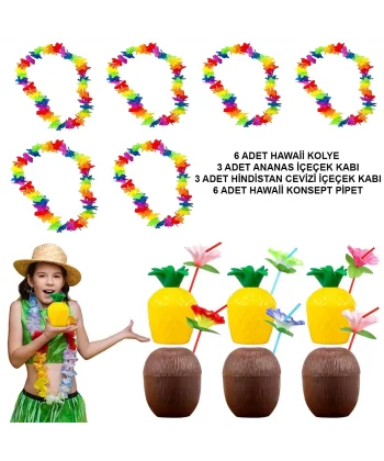Tropikal Hawaii Parti Malzemeleri – Kolye, Pipet, Bardak Seti