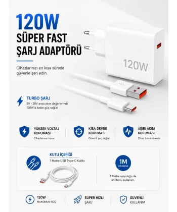 Turbo 120W Hızlı Şarj Cihazı Type-C Kablolu
