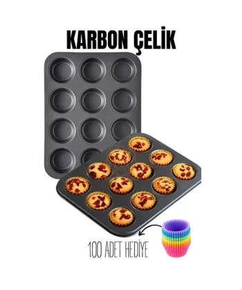 Turk 12 li Muffin Kalıbı Teflon Çelik 100 Muffin Kağıtlı