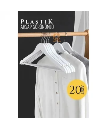 Turk Ahşap Görünüm Plastik Askı 20 ADET Beyaz