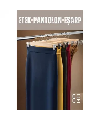 Turk Etek Pantolon Eşarp Kıskaçlı Askı 8 Adet Ahşap