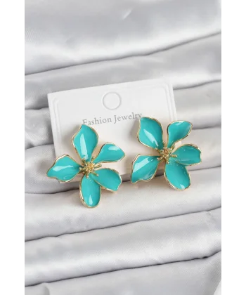 Turkuaz Mineli Çiçek Model Pirinç Kadın Küpe