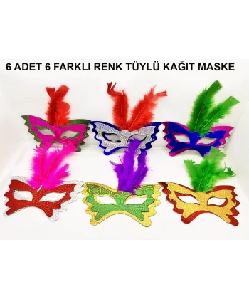 Renkli Parti Maskesi 639lı | Tüylü Karton Maske Seti (lastikli)