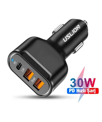 USLİON 30W 2 USB + Type-C Girişli QC3.0 Hızlı Araç Çakmaklık Şarjı-(5775)