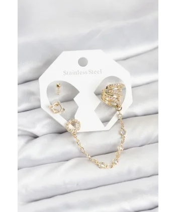 Uzay Model Pirinç Gold Renk Zincir Bağlantılı Ear Cuff Küpe Seti