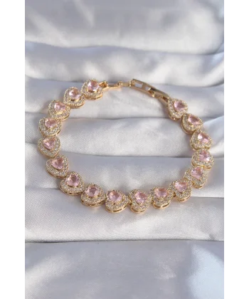 Vip Seri Pirinç Gold Renk Pembe Zirkon Taşlı Kalp Tasarımlı Bileklik