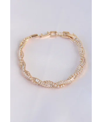 Vip Seri Pirinç Zirkon Taşlı Gold Renk Sarmal Model Bileklik
