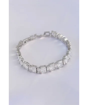 Vip Seri Pirinç Zirkon Taşlı Gümüş Renk Baget Su Yolu Model Bileklik