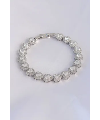 Vip Seri Pirinç Zirkon Taşlı Gümüş Renk Kalp Model Bileklik