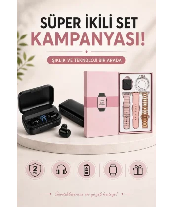 Wireless Şarjlı Pembe Akıllı Saat ve Kablosuz Bluetooth Kulaklık Dokunmatik Kontrol