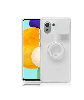 Xiaomi Mi 11 Lite Kılıf Sürgülü Kamera Lens Korumalı Yüzük Standlı Silikon Kılıf-(5775)