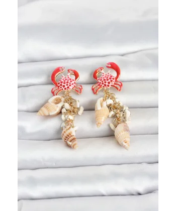 Yengeç Model Deniz Kabuğu Detaylı Kadın Küpe