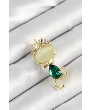Yeşil Damla Zirkon Taşlı Kraliçe Taçlı Kedi Figürlü Gold Renk Kadın Broş