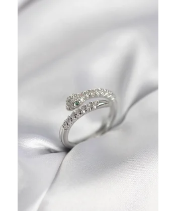 Yılan Model Gümüş Renk Zirkon Taşlı Kadın Yüzük