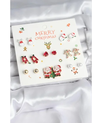 Yılbaşı Temalı Karışık Model 8 Çift Yılbaşı Temalı Kadın Küpe Seti