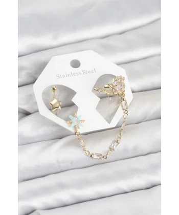 Yıldız Model Pirinç Gold Renk Zincir Bağlantılı Ear Cuff Küpe Seti