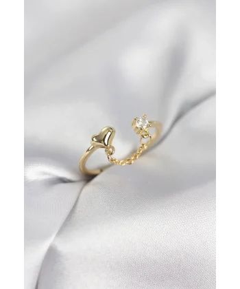 Zincir Sallantılı Kalp Model Gold Renk Kadın Yüzük