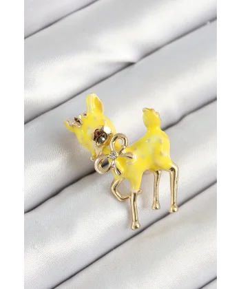 Zirkon Taşlı Fiyonk Detaylı 3D Sarı Ceylan Figürlü Gold Renk Kadın Broş