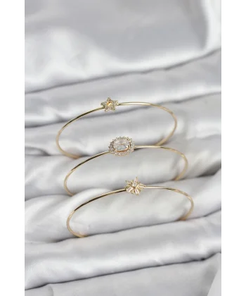 Zirkon Taşlı Gold Renk Tek Taş Model 3lü Kadın Bileklik Kombini