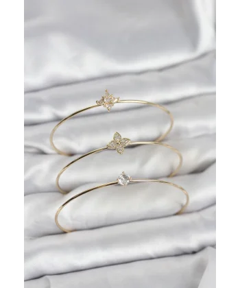 Zirkon Taşlı Gold Renk Yonca Model 3lü Kadın Bileklik Kombini