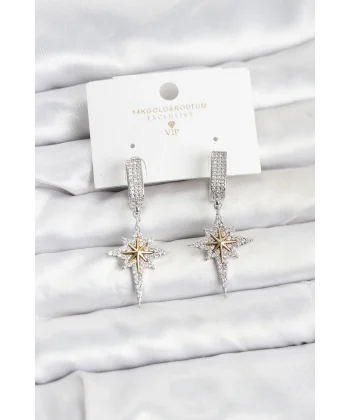 Zirkon Taşlı Gümüş Renk Pirinç Kutup Yıldızı Model Kadın Küpe