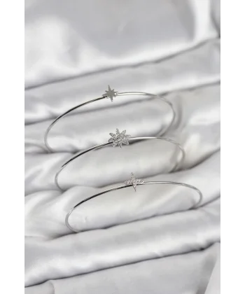 Zirkon Taşlı Kutup Yıldızı Model Gümüş Renk 3lü Kadın Bileklik Kombini