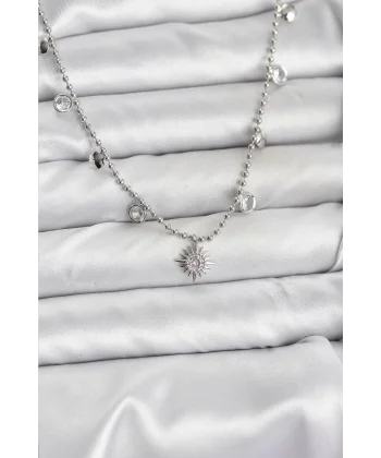 Zirkon Taşlı Kutup Yıldızı Model Pirinç Gümüş Renk Kadın Kolye