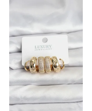 Zirkon Taşlı Pirinç Gold Renk Halka Kadın Küpe Seti