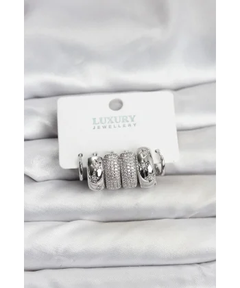 Zirkon Taşlı Pirinç Gümüş Renk Halka Kadın Küpe Seti