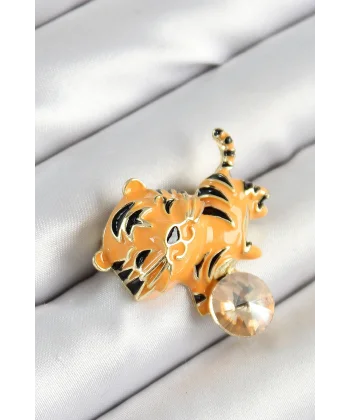 Zirkon Taşlı Siyah Çizgili Turuncu Kaplan Figürlü Gold Renk Kadın Broş