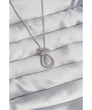 316L Çelik Gümüş Renk Fiyonk Detaylı Zirkon Taşlı Damla Model Kolye