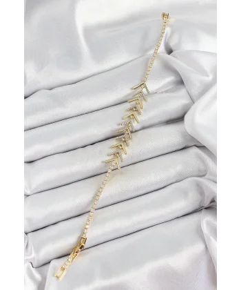 Pirinç Gold Renk Zirkon Taşlı Balık Sırtı Kadın Bileklik