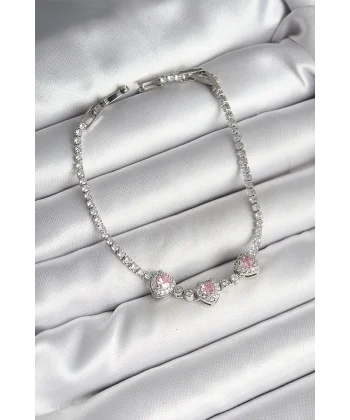 Pirinç Sıralı Pembe Kalp Figürlü Zirkon Taşlı Gümüş Renk Kadın Bileklik