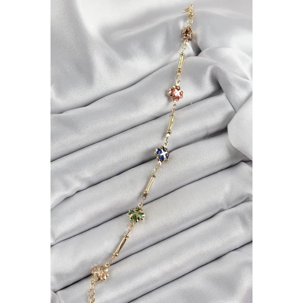 Pirinç Gold Renk Karışık Renk Yonca Zirkon Taşlı Kadın Bileklik