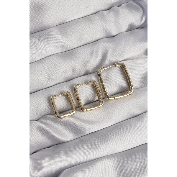 Pirinç Gold Renk Renkli Zirkon Taşlı Kare Model Küpe Seti