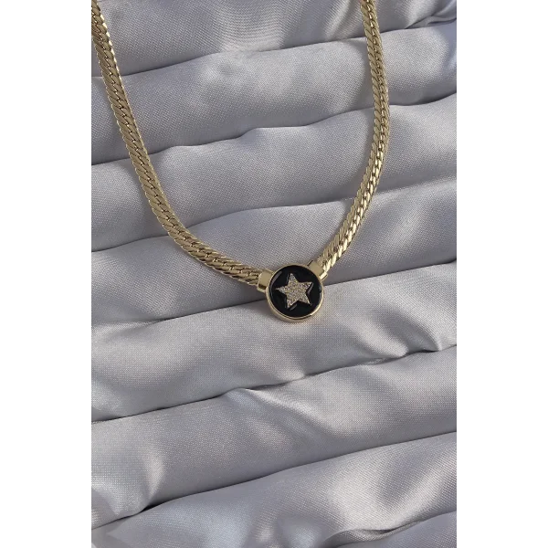 Pirinç Gold Renk Zirkon Taşlı Yıldız Model Siyah Mineli Ezme Zincirli Serenay Kolyesi