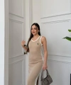 Bej Polo Pike Modal Elbise