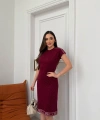 Bordo Polo Taşlı Pike Elbise