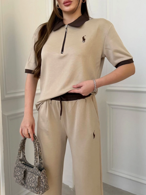 Bej Polo Modal Fermuarlı İkili Takım