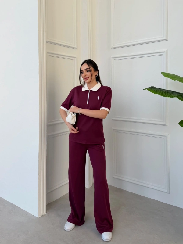 Bordo Polo Modal Fermuarlı İkili Takım
