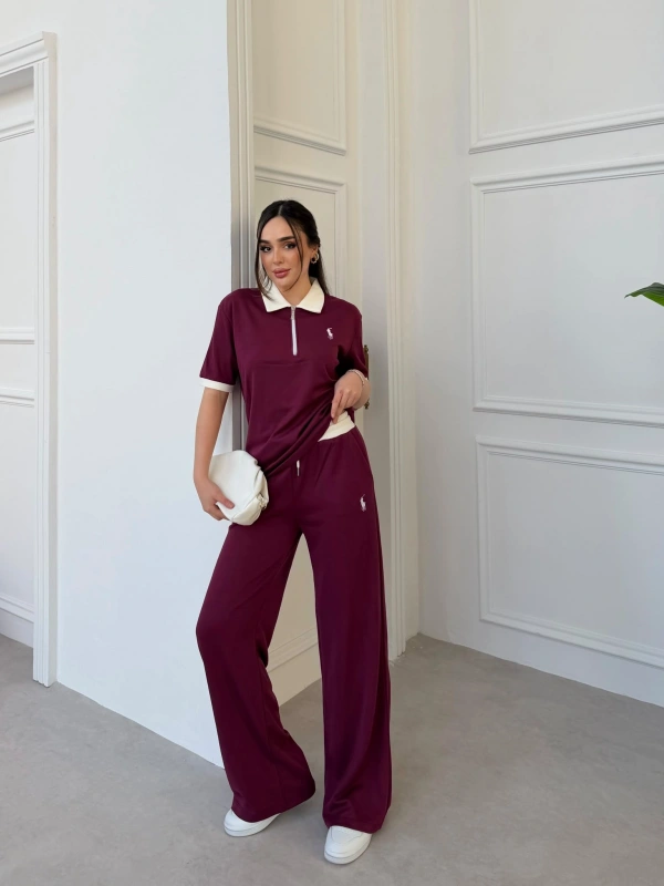 Bordo Polo Modal Fermuarlı İkili Takım
