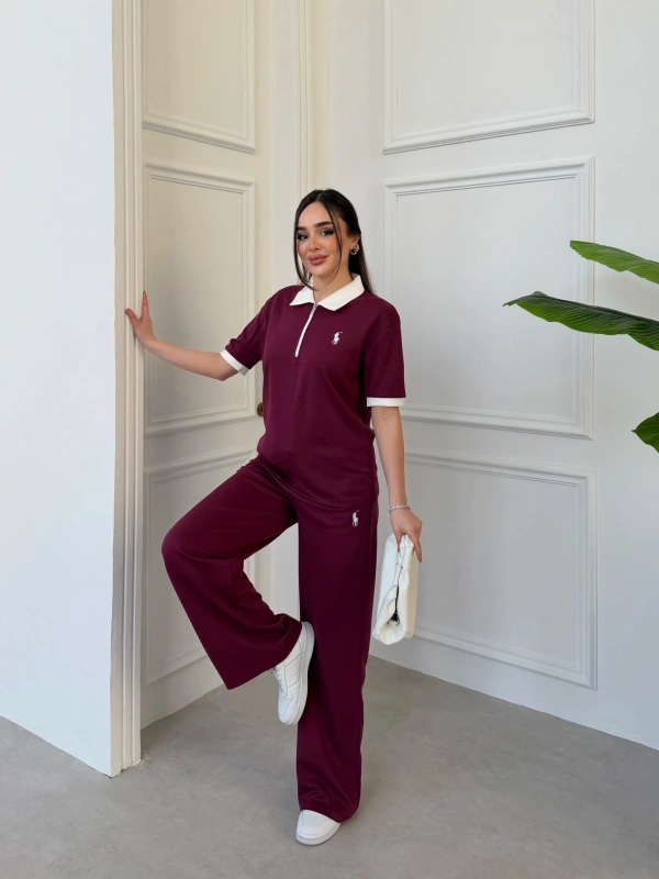 Bordo Polo Modal Fermuarlı İkili Takım
